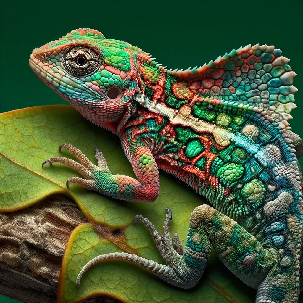 Dreaming of chameleon on a leaf changing colours