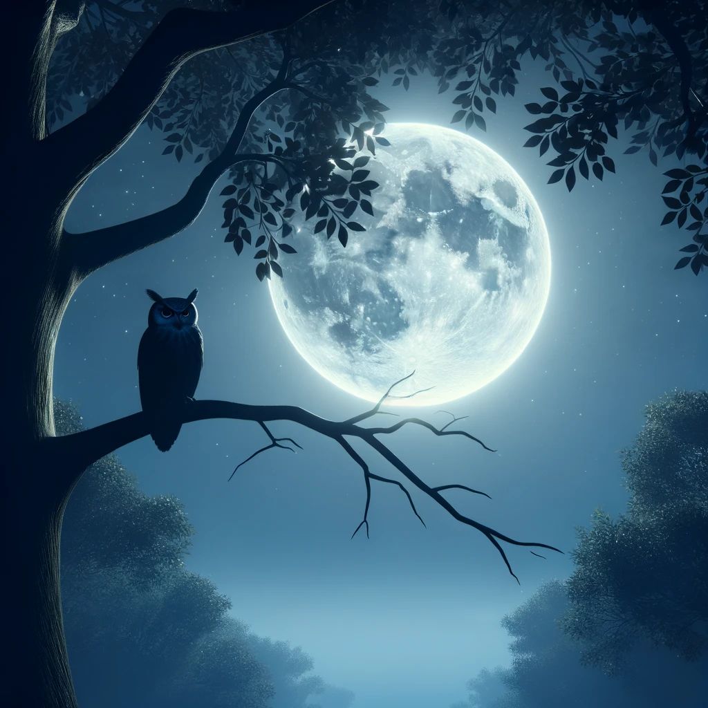 Dreaming of an owl silhouette on a branch with a full moon in the background.