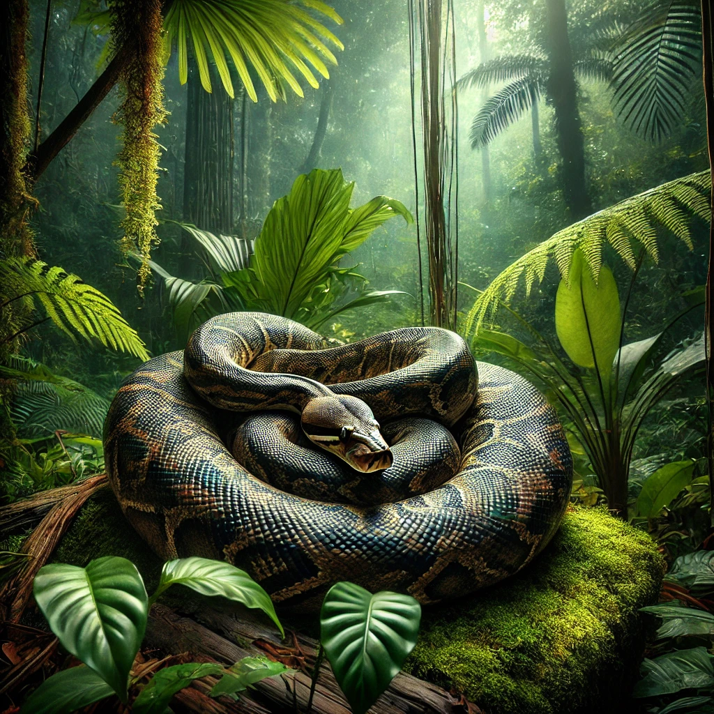 Dreaming of python curled in a green Amazon jungle