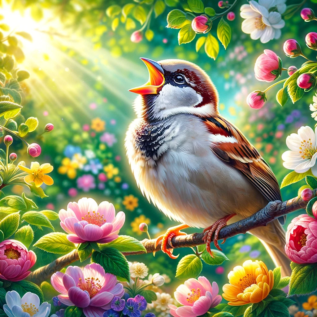 Dreaming of sparrow singing on a branch in the morning sun